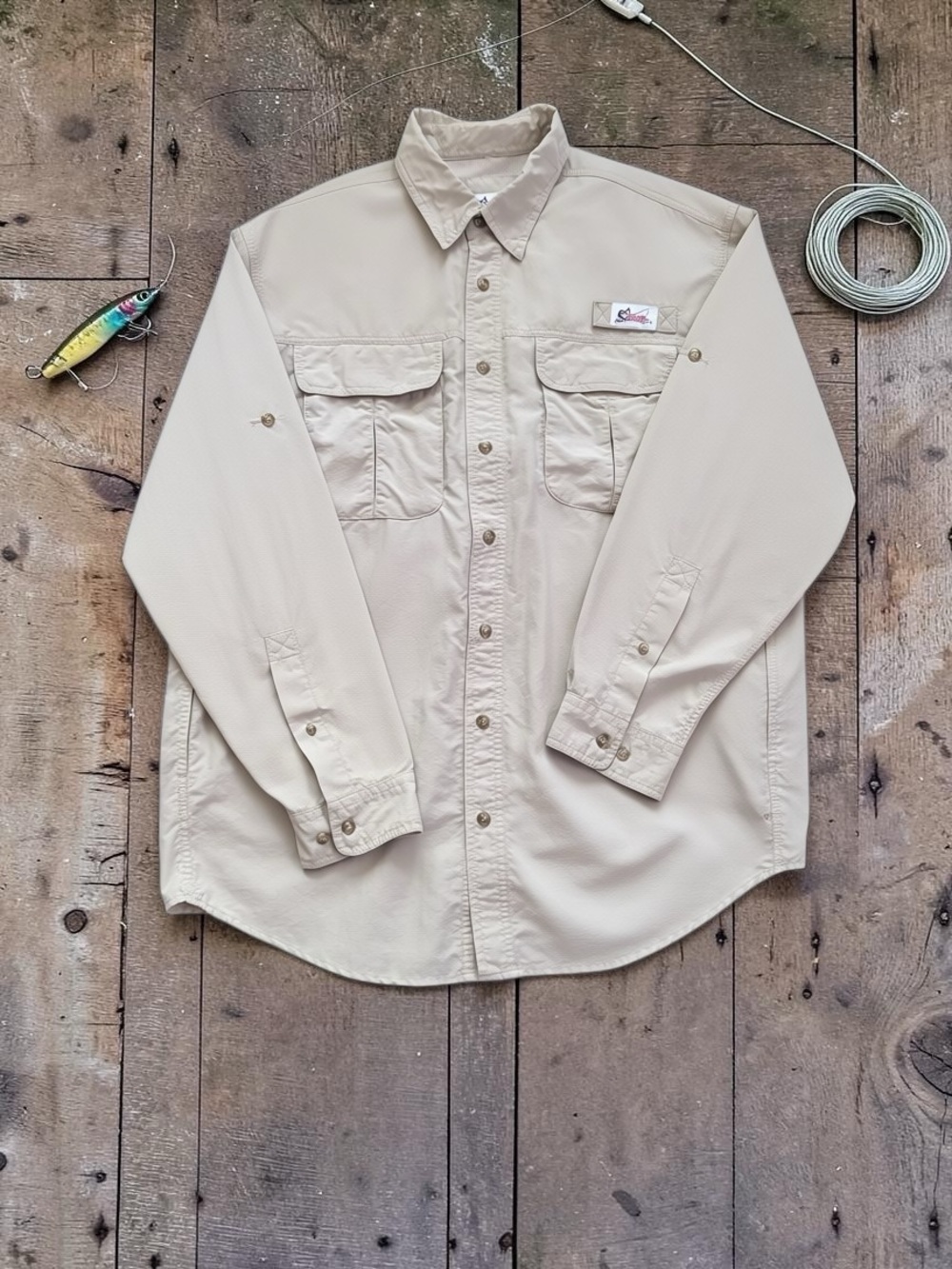 Sportsman XL Fishing Shirt Vented Long Sleeve Beige Nylon Outdoor Gorpcore